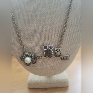 Owl and Key Pendant Necklace with Pearl Accent